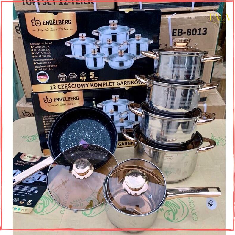BỘ NỒI ĐỨC 6 MÓN 12 CHI TIẾT ENGELBERG- 5 ĐÁY - ĐUN ĐƯỢC TỪ, HỒNG NGOẠI, GAS..