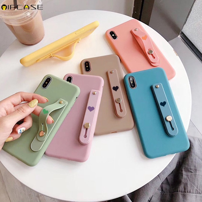 Ốp Điện Thoại Tpu Mềm Nhám Màu Kẹo Có Quai Cầm Tay Kiêm Giá Đỡ Hình Trái Tim Đơn Giản Cho Xiaomi Redmi 9 9a 9c Note 8 Pro 8t