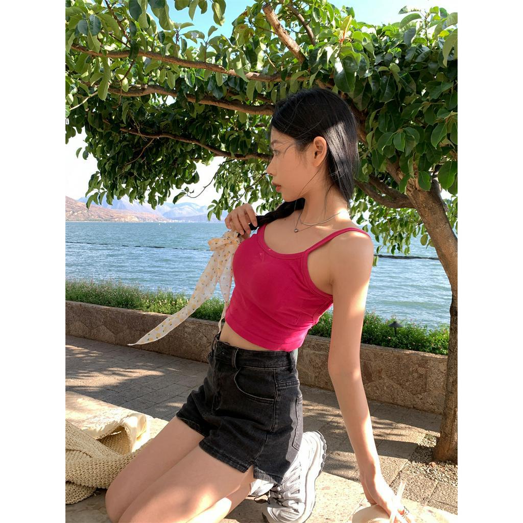 qkoole   Áo Ống Ngắn Hai Dây Có Mút Đệm Ngực Màu Đỏ Hồng Ngọt Ngào Và Ngọt Ngào Mùa Hè Cho Nữ