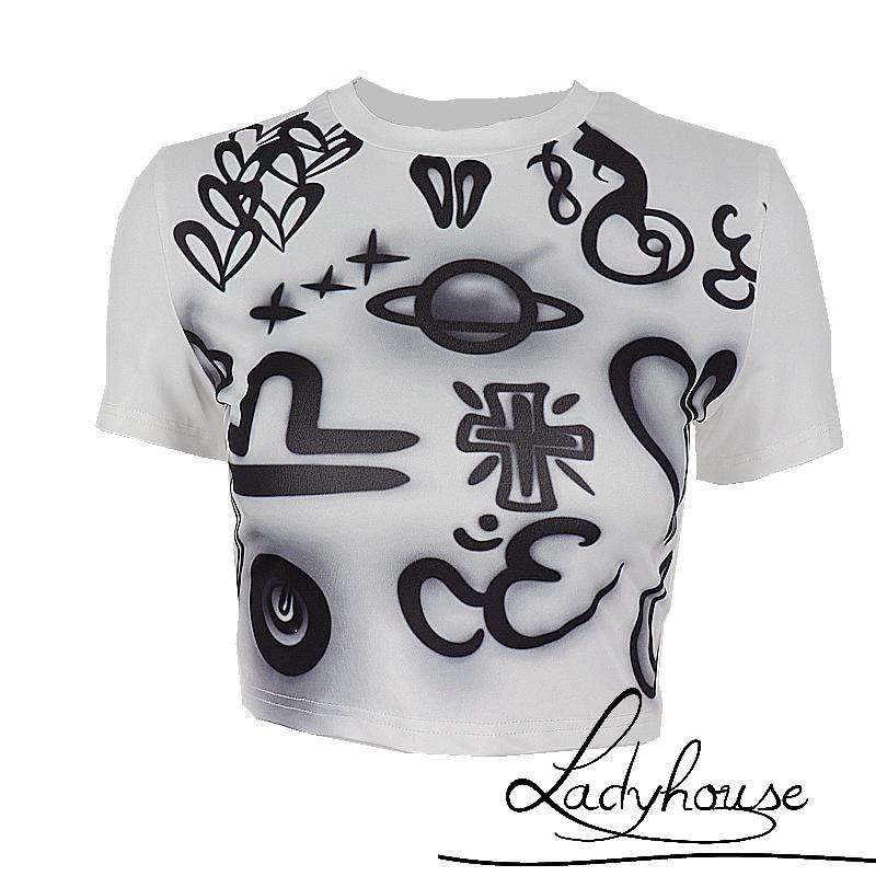 Áo Thun Crop Top Nữ Cổ Tròn Tay Ngắn In Họa Tiết Graffiti Dễ Thương