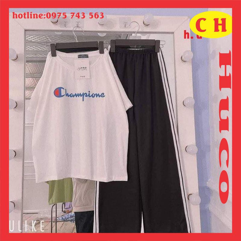 áo thun, phông hè ngắn tay champion chất cotton + quần ống rộng ba sọc, sét đồ bộ thể thao nam nữ rộng unisex freesize