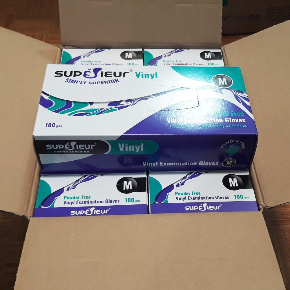 Găng Tay Cao Su Y Tế Vinyl Cao cấp Superieur Không Bột – Màu Trắng Trong  Đủ Size S M L 1 Hộp 50 Đôi