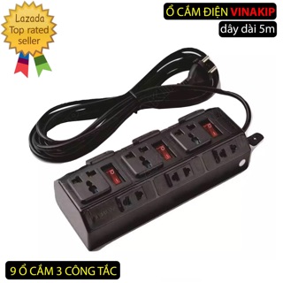 Ổ cắm điện 3 chấu 9 cổng 3 công tắc dài 5m chịu tải 2500w