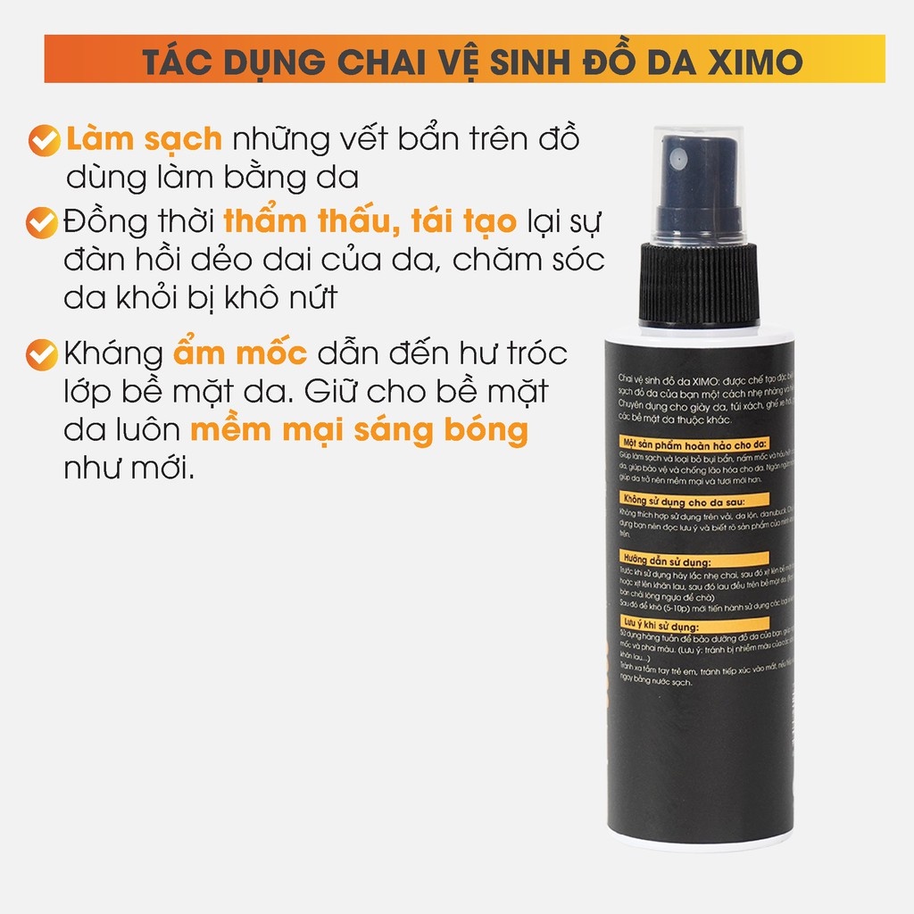 Chai vệ sinh giày đồ da, túi ví, áo, ghế da giúp làm sạch, dưỡng ẩm chống mốc XIMO