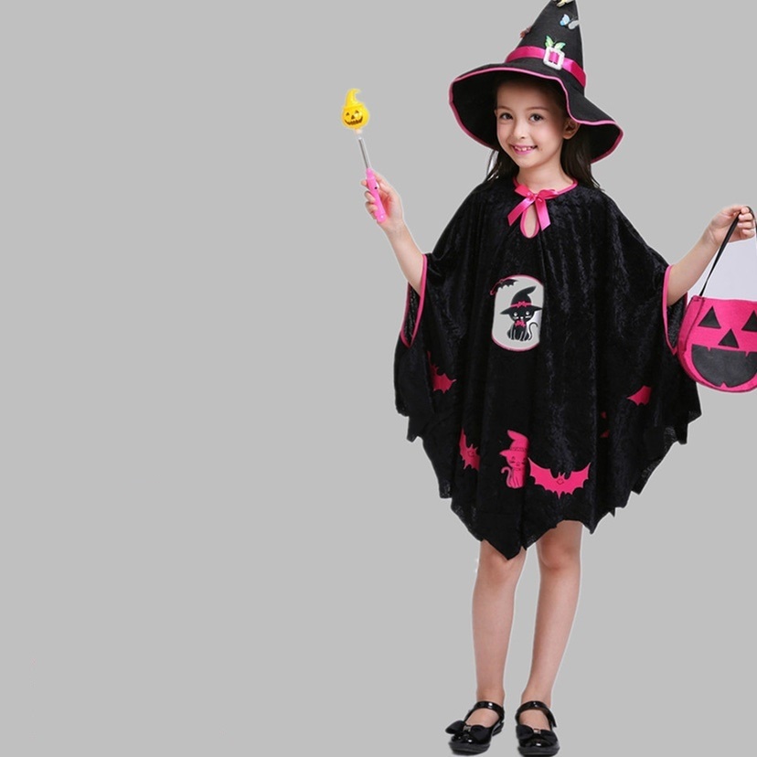Áo choàng phù thủy Halloween kèm nón và túi xinh xắn cho bé gái