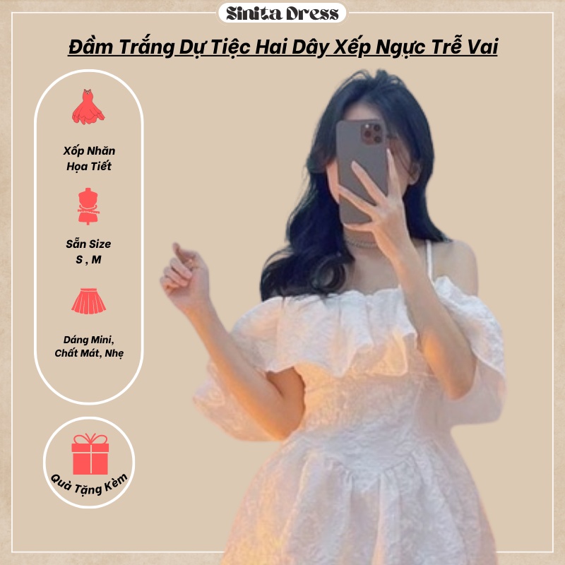 Đầm Babydoll Nữ Trắng Hai Dây Xếp Ngực Hàng Thiết Kế Chất Xốp Cao Cấp Sinita