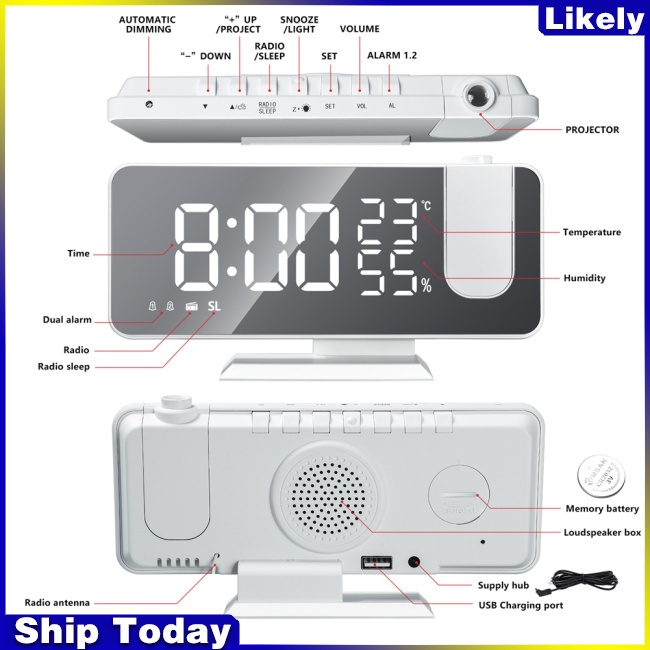 Đồng Hồ Báo Thức Kỹ Thuật Số Có Đèn Led Chiếu Tích Hợp Đài Fm Xoay 180 Độ Độc Đáo