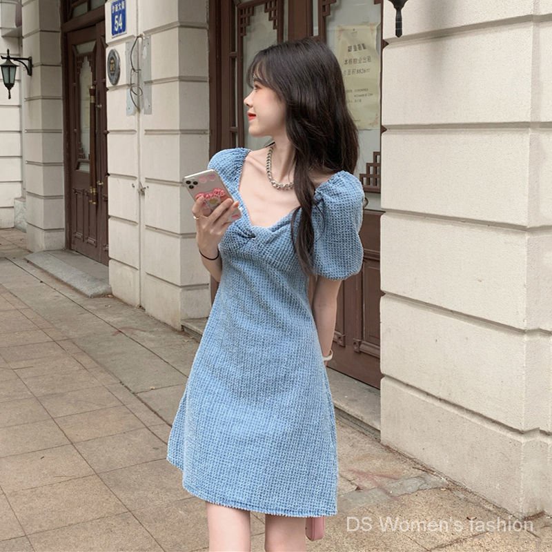 Đầm denim tay phồng dáng ngắn thiết kế ngọt ngào thời trang cho nữ
