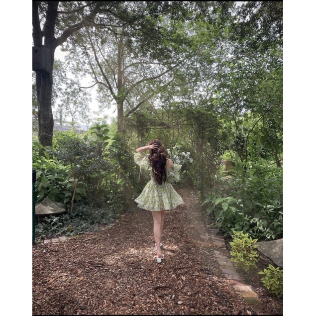 Đầm babydoll xanh/hồng hoa bèo rớt vai DearJose Hòa Minzy