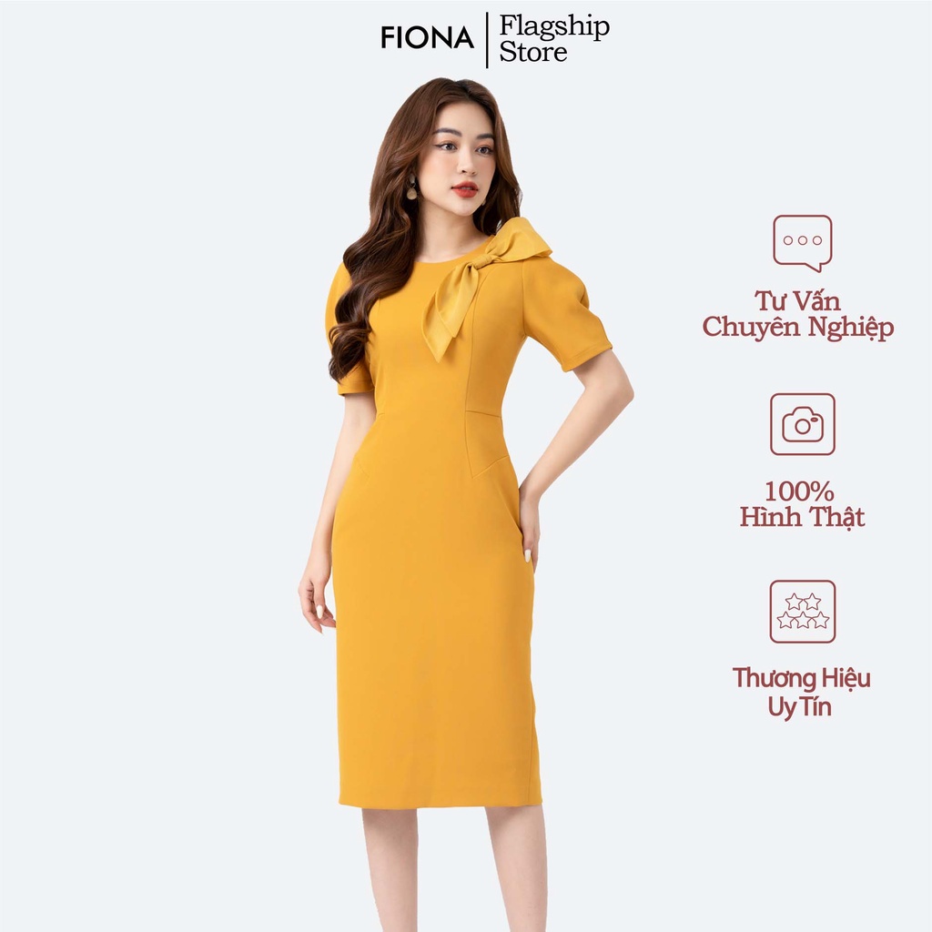 Đầm nữ  dáng ôm cổ tròn váy thiết kế phối tay phồng cách điệu và nơ trang trí FIONA L452005