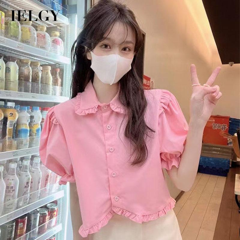 Áo IELGY tay phồng ngắn cổ búp bê phối bèo ngọt ngào cho nữ