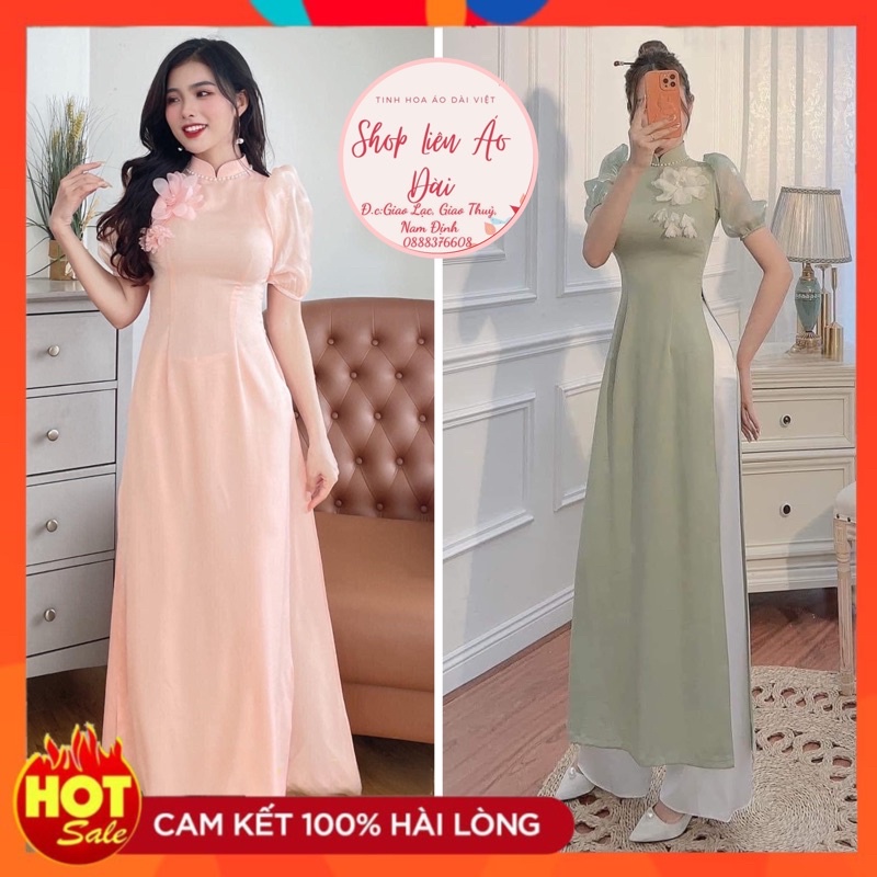 Áo dài cách tân nữ cổ truyền thống tay phối tơ bồng bo, áo dài thiết kế đính hoa nhẹ nhàng, áo dài may sẵn