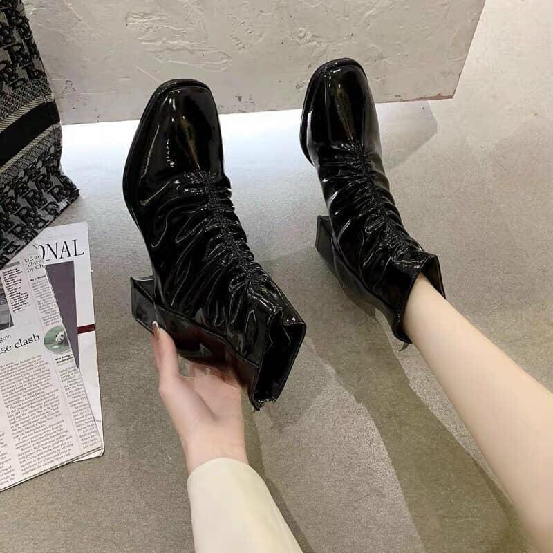 Giày Bốt nữ thời trang da bóng nhăn cổ cao khóa sau, giày boots ulzzang gót trụ 7 phân