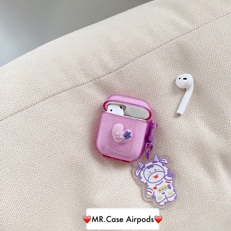 Case Airpods 1/2 /Pro Vỏ Ốp Tai Nghe Màu Tím Trơn Tim Nổi ( kèm móc bò sữa  )?- Mr.Case AirPods