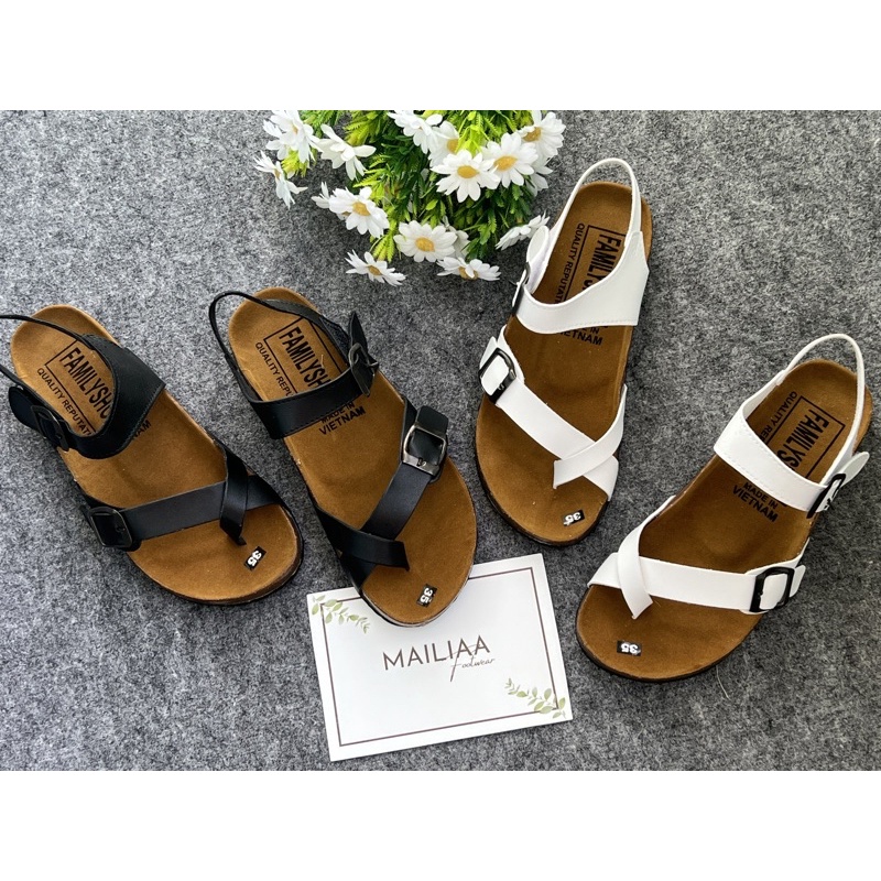 Sandal xỏ ngón quai da gắn nút MAILIAA đế nhẹ đi êm