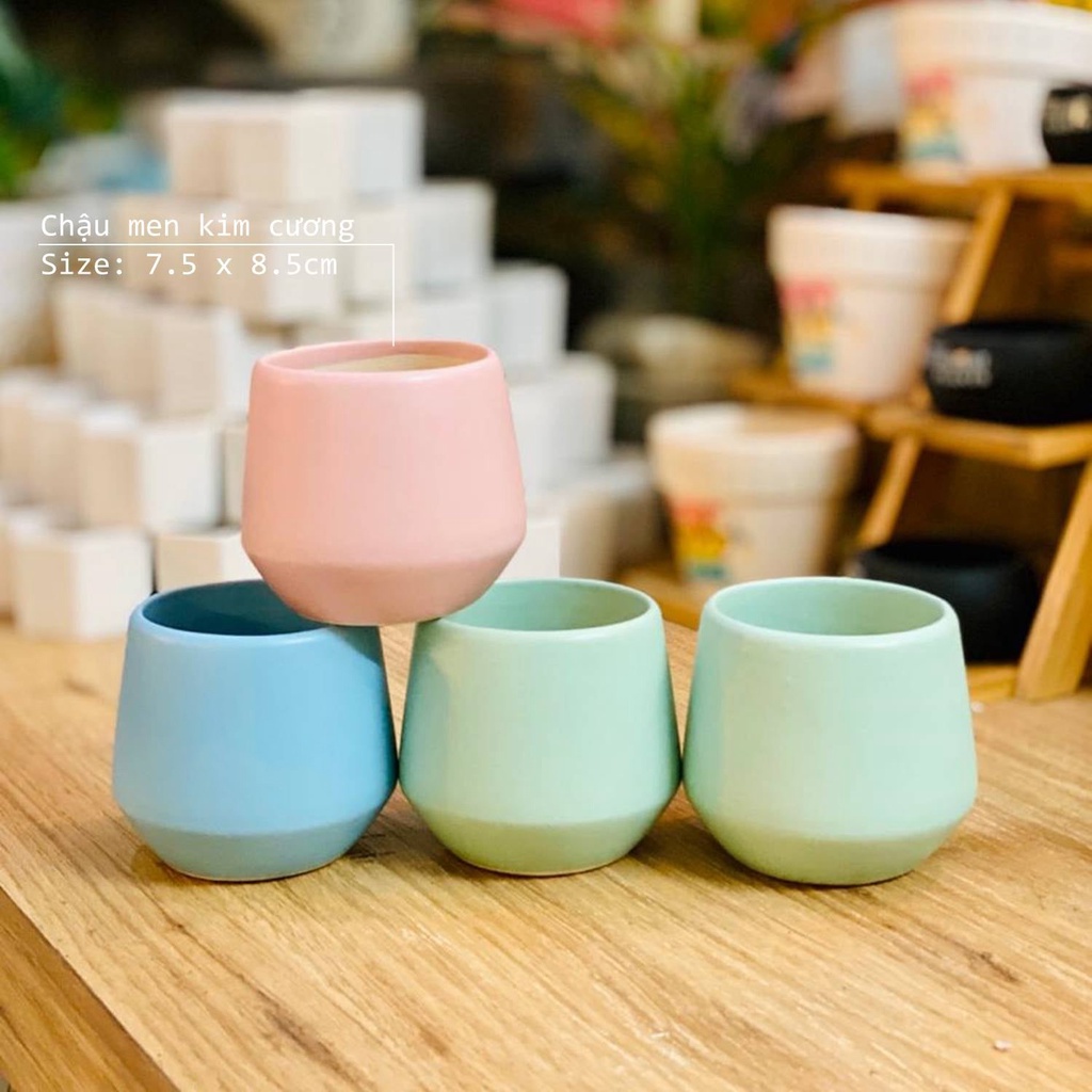 Chậu gốm sứ trồng cây cảnh nhỏ để bàn dáng kim cương cao 12cm miệng 9cm