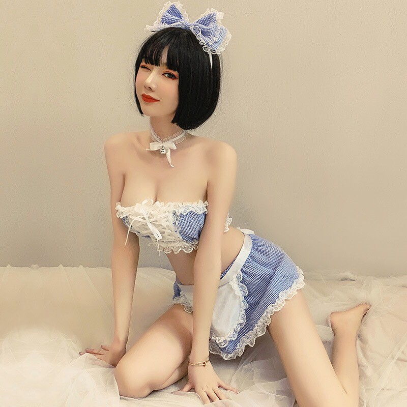 Đồ ngủ sexy cosplay hầu gái croptop xanh kẻ caro + quần chip G string gợi cảm 1526