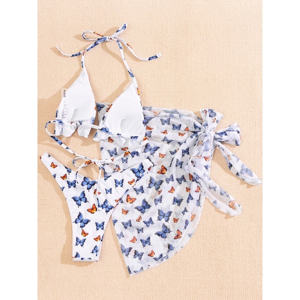 [BKN1078] &lt;ÂU&gt; SET BIKINI 3 MÓN HOẠ TIẾT HỒ ĐIỆP KÈM KHĂN HÔNG 4 MÀU BE/TRẮNG/TÍM/HỒNG