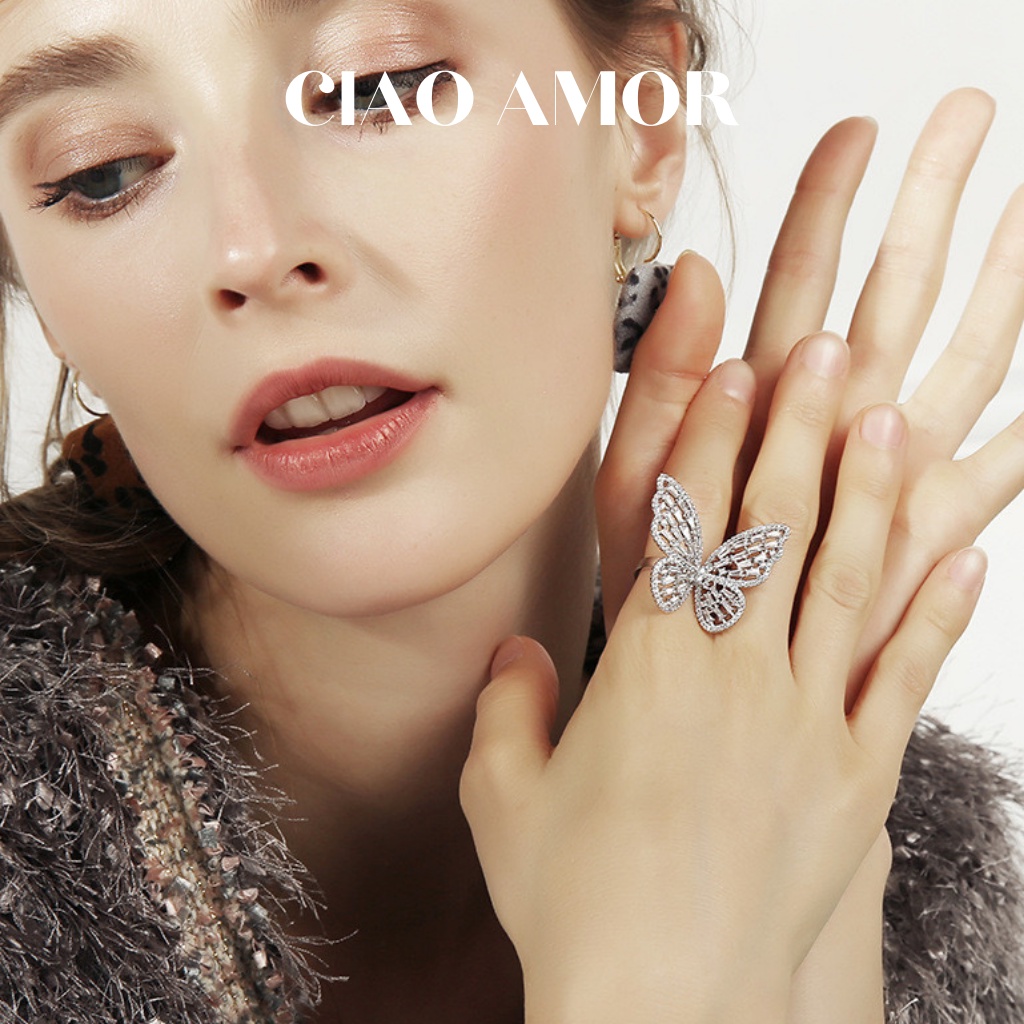 Nhẫn nữ, Nhẫn titan sang trọng lấp lánh dự tiệc cánh to đính đá ngọc bạc Trang sức Ciao Amor - N0353