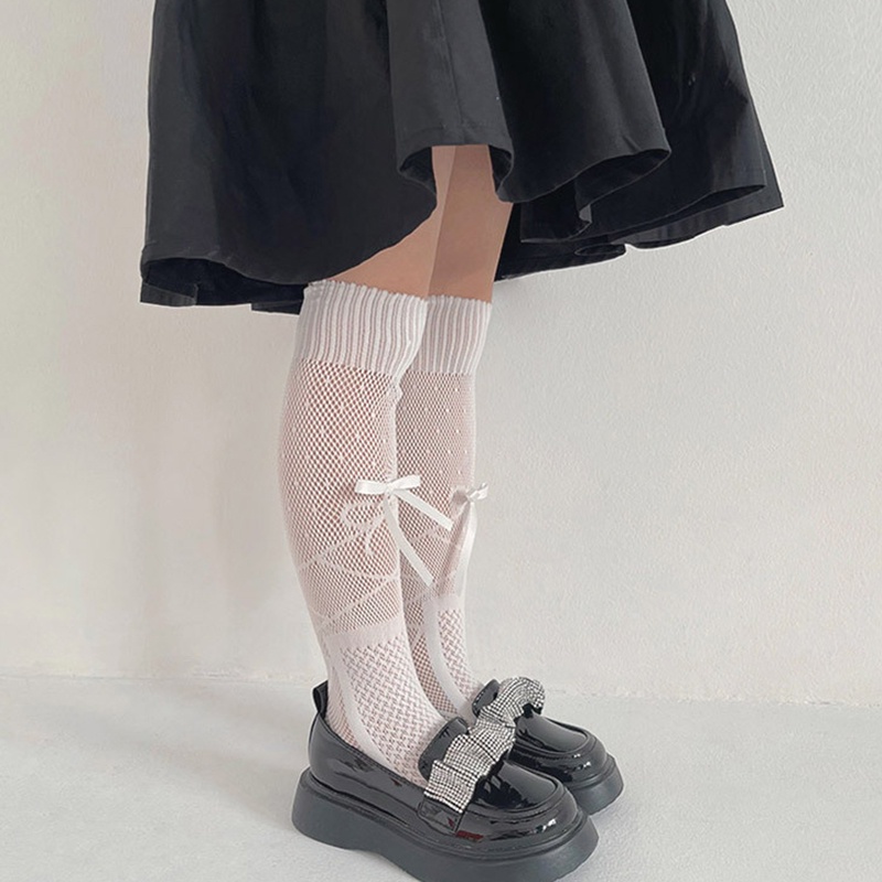 Vớ Dài Ngang Bắp Chân Màu Trắng/Đen Phối Ren Đính Nơ Cho Bé Gái