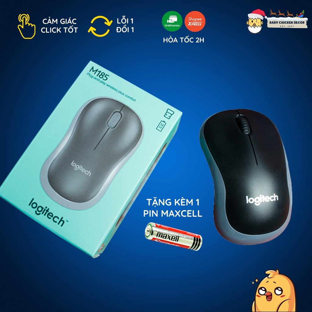 Chuột không dây Logitech M185 XÁM giá rẻ tặng kèm thêm 1 pin Maxcell AA