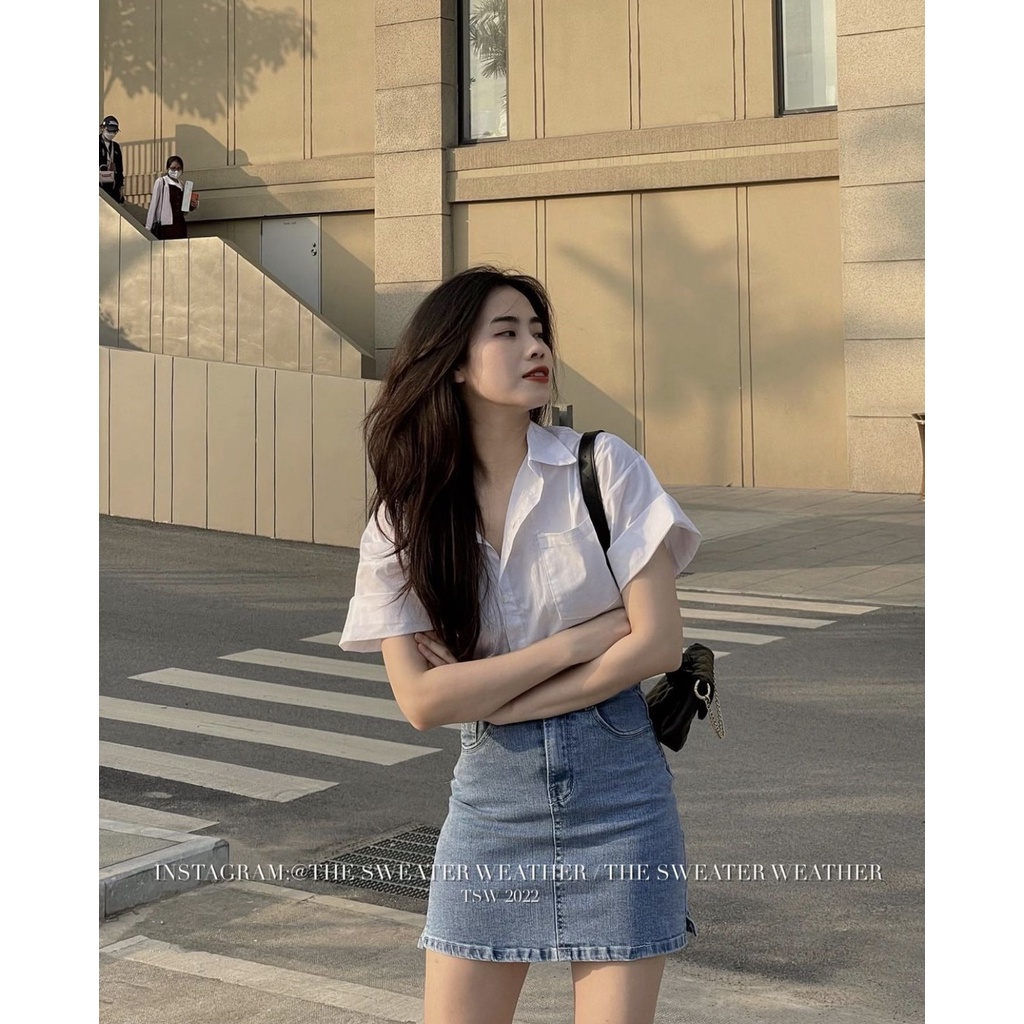 Chân váy jeans chữ A dáng ngắn 2 màu basic