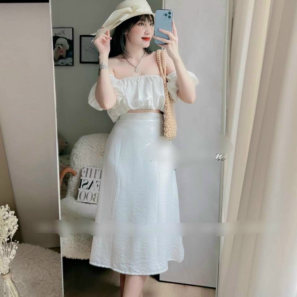 Set Váy Nữ Áo Croptop Trễ Vai Phối Chân Váy Chất Liệu Đũi Nhăn Nhẹ Nhàng, Set Bộ Đi Chơi Thiết Kế Kiểu Dáng Hiện Đại Mp