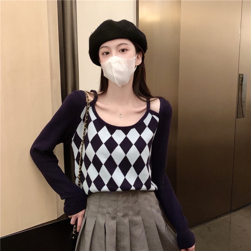 Áo dệt kim trễ vai giả hai lớp họa tiết sọc caro thời trang cho nữ