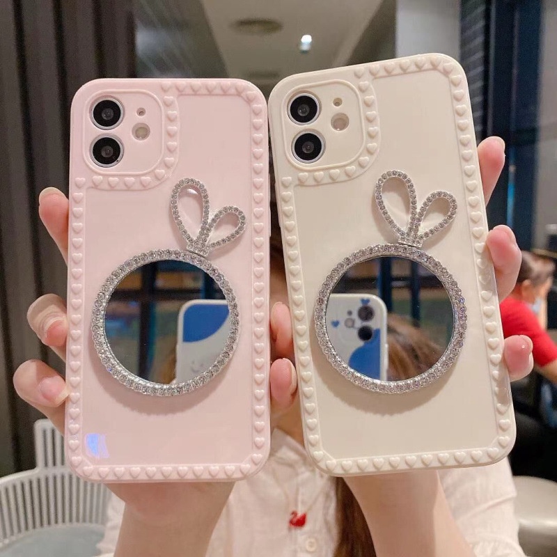 Ốp điện thoại có gương hình tròn đính đá cho Iphone 11 12 Pro X Xr Xs Max 7 8 Plus
