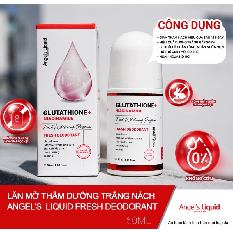 Hàng Hàn- Lăn Khử Mùi Trắng Da Nách Glutathione Fresh Up Whitening Angel’s Liquid Khử Mùi Cơ Thể Chính Hãng 100%