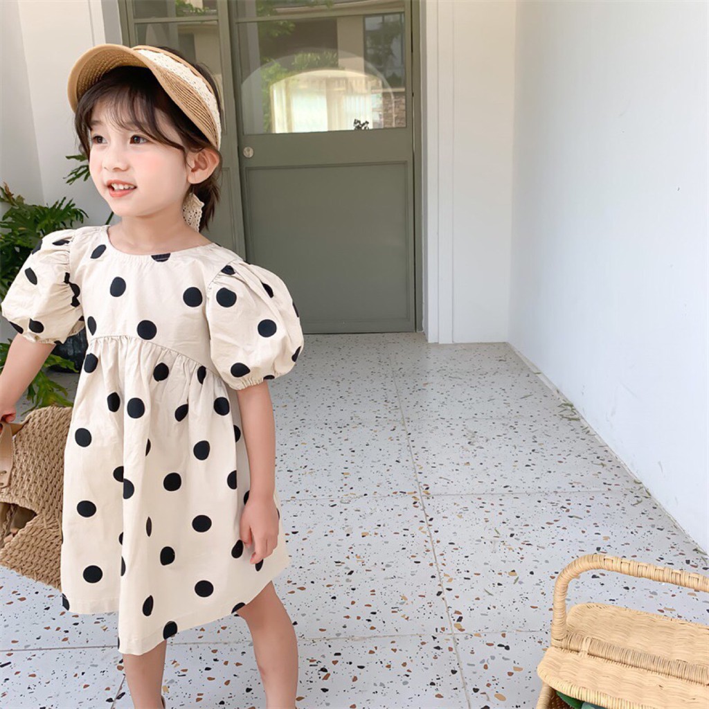 Đầm Tay Phồng Hoạ Tiết Chấm Bi Phong Cách Hàn Quốc