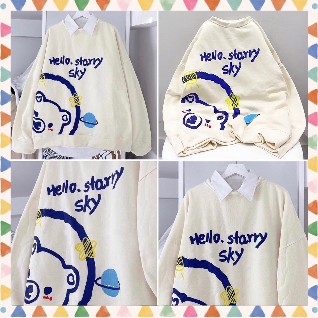 Áo sweater nỉ unisex nam nữ Gấu Hello Siêu Xinh form rộng dáng thụng tay bồng, áo thu đông hotrend