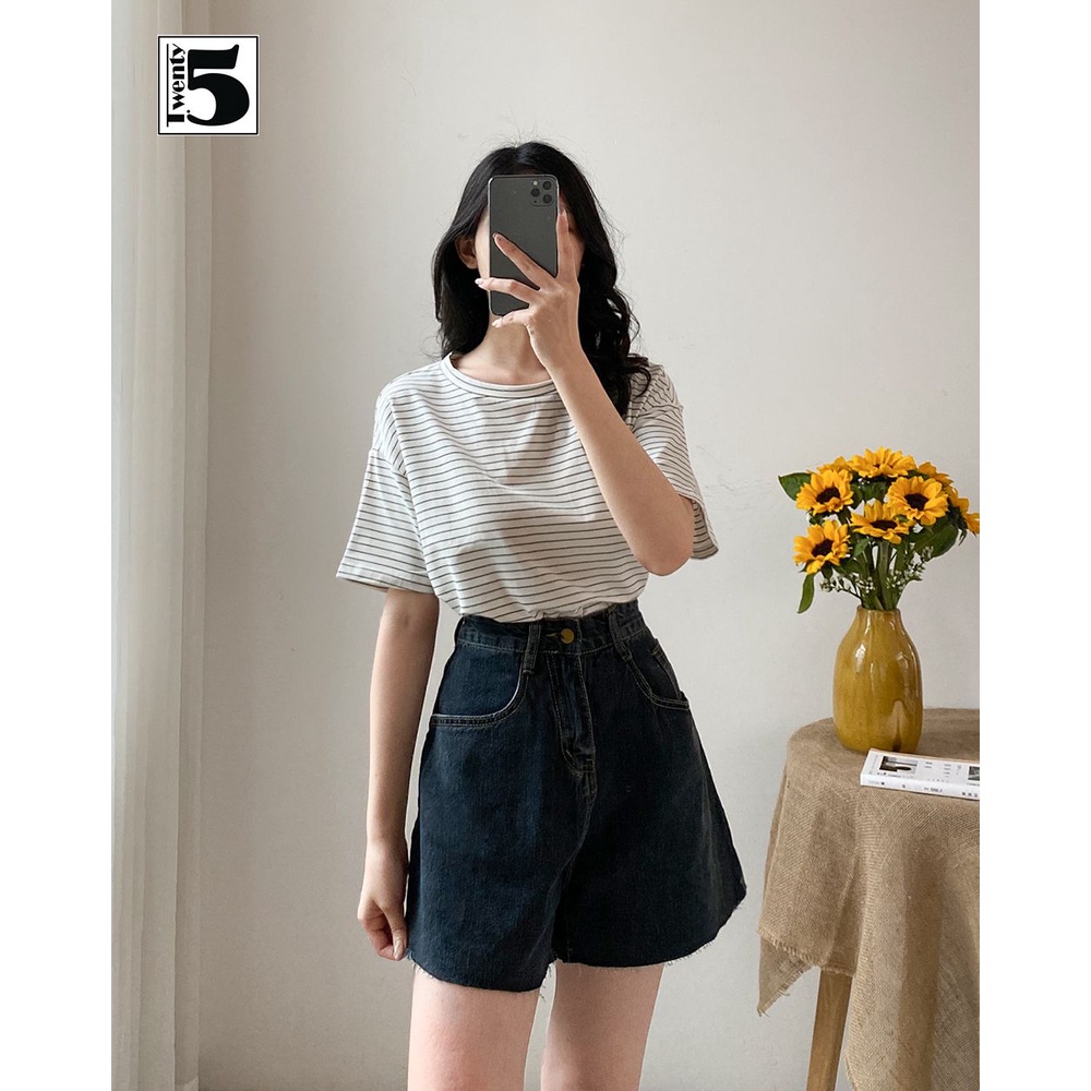 Áo thun nữ kẻ ngang dáng rộng tay lửng chất cotton dày mịn Twentyfive N47