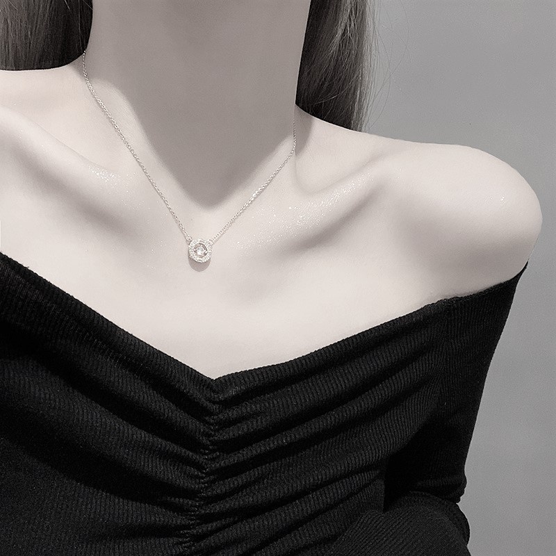 Dây chuyền bạc nữ cao cấp Evasilver mặt tròn đính đá bên trong, Vòng cổ bạc ta cực xinh xắn