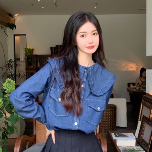 Áo sơ mi ZHELIHANGFEI vải denim tay dài dáng rộng theo phong cách retro dễ phối đồ