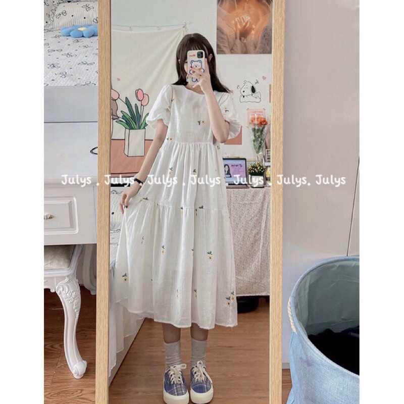 Váy Babydoll hoa cúc tay bồng dáng dài chất đũi thô/Váy vintage đũi hoa cúc tay bồng