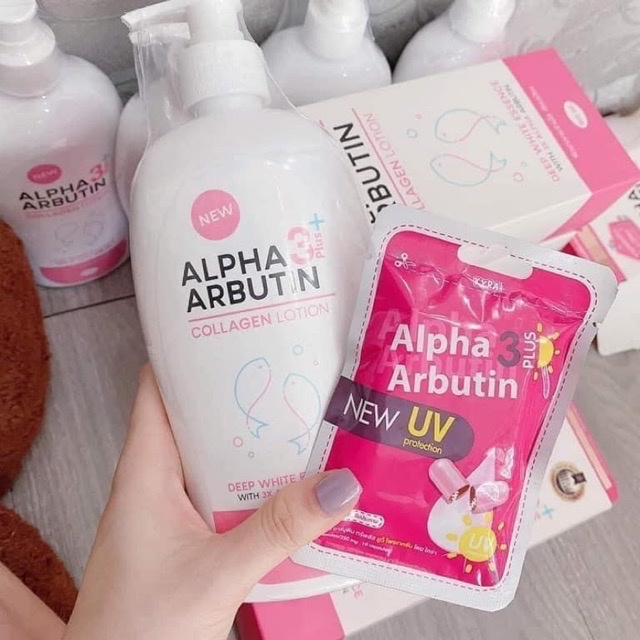 Combo dưỡng thể kích trắng Thái lan Alpha arbutin gồm dưỡng thể lotion 500ml và viên kích trắng Albutin Uv