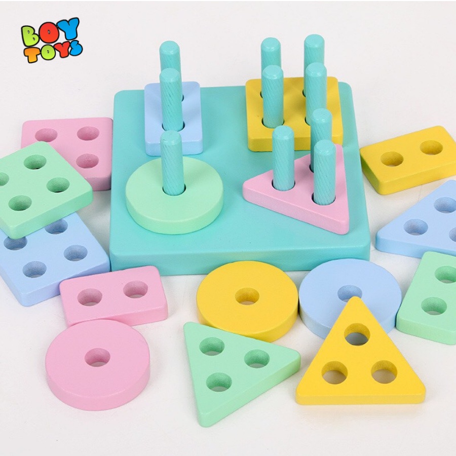 Đồ chơi giáo dục cột gỗ hình học xoay 3D cho bé phát triển kỹ năng