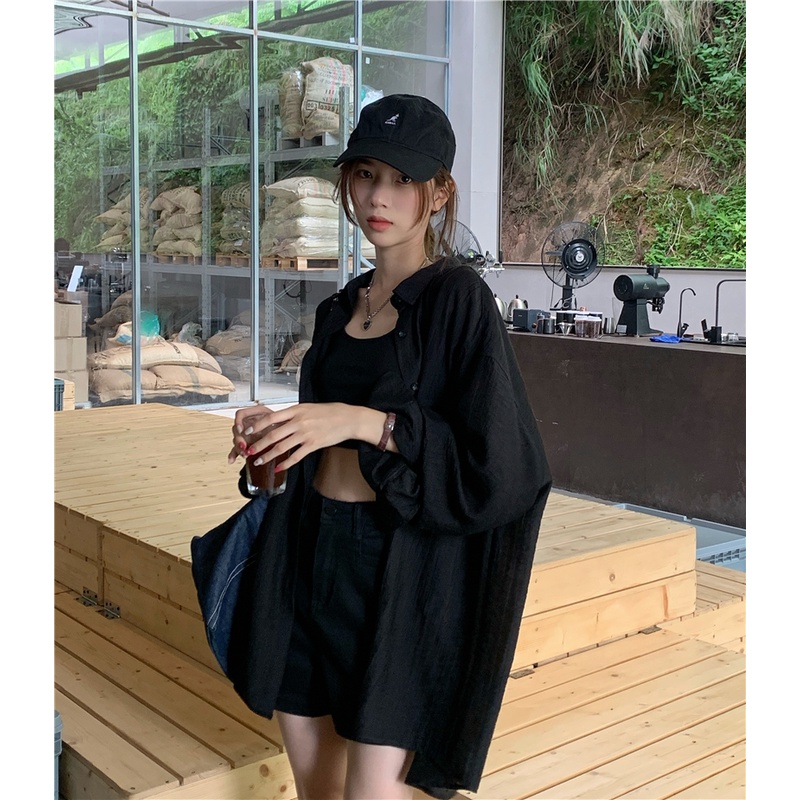 「MOTEL7」Áo Cardigan Tay Dài Dáng Rộng Màu Đen Chống Nắng Thời Trang Mùa Hè Cho Nữ