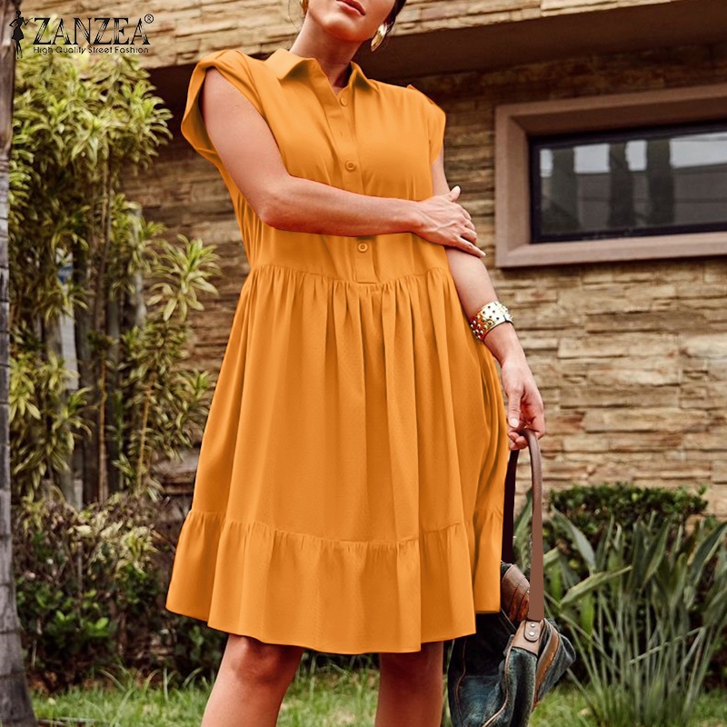 Đầm Zanzea dáng chữ A ngắn tay cổ bẻ phong cách châu Âu quyến rũ dành cho nữ