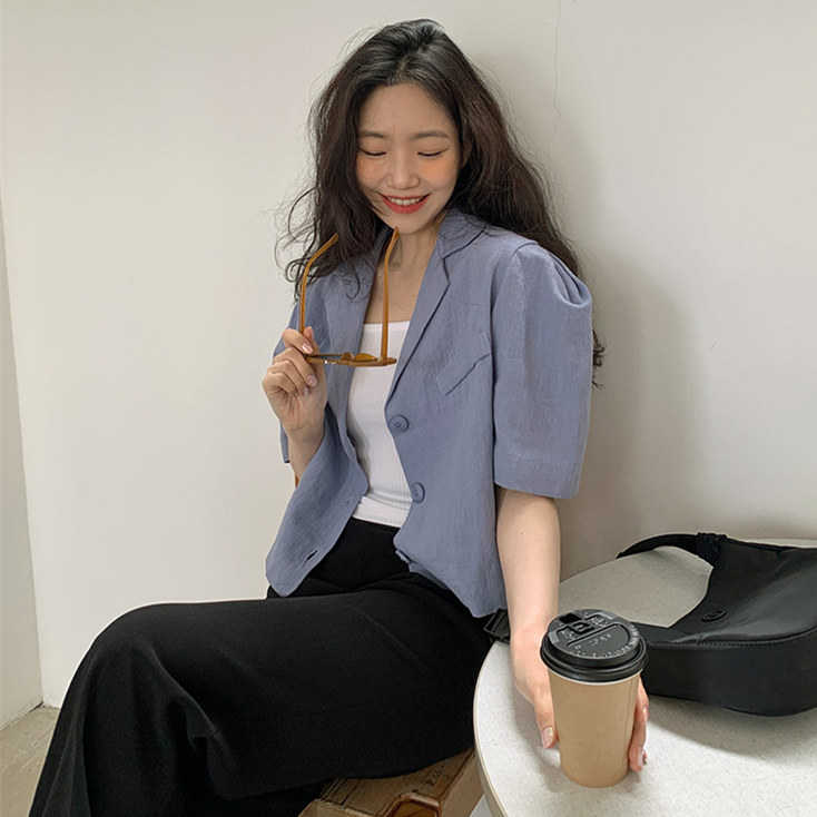 Áo khoác blazer SUXI tay ngắn dáng rộng màu trơn phong cách Hàn Quốc