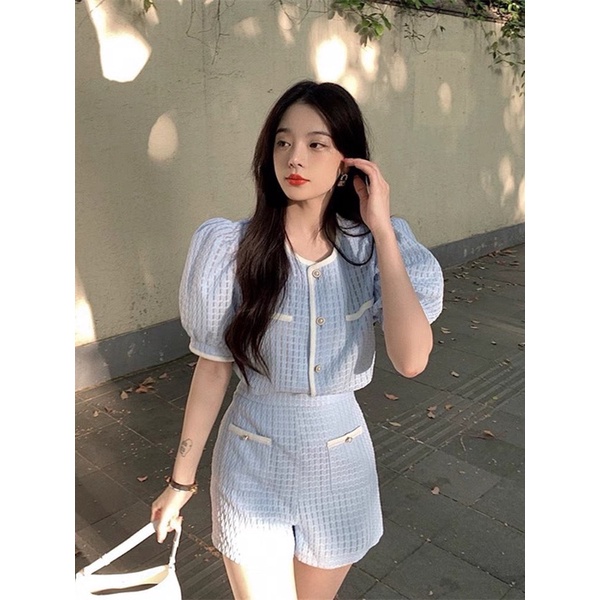 SET ÁO DẠ XANH CROP VIỀN + SHORT