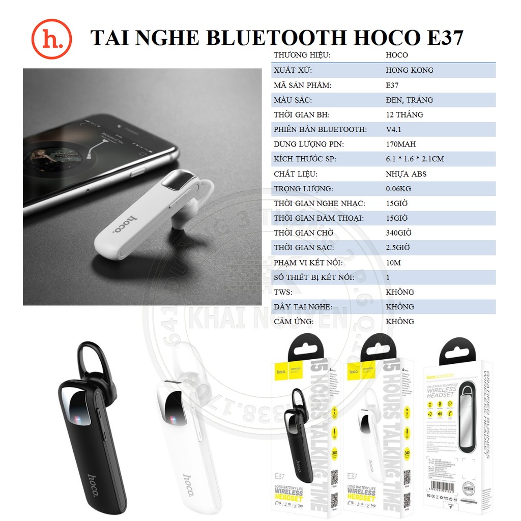 [Mã ELFLASH5 giảm 20K đơn 50K] Tai nghe Bluetooth Cao Cấp Hoco E37 - Chính Hãng- Pin trâu 15 đàm thoại bảo hành 12 tháng
