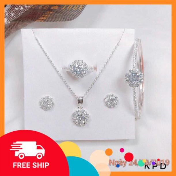 Freeship Bộ trang sức bạc ta đính đá cubic zirconia cao cấp Giá xưởng bán chạy