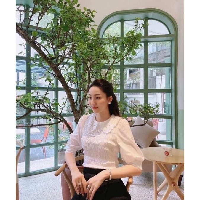 Somi trắng zara thân nhún cổ bèo vợt sale