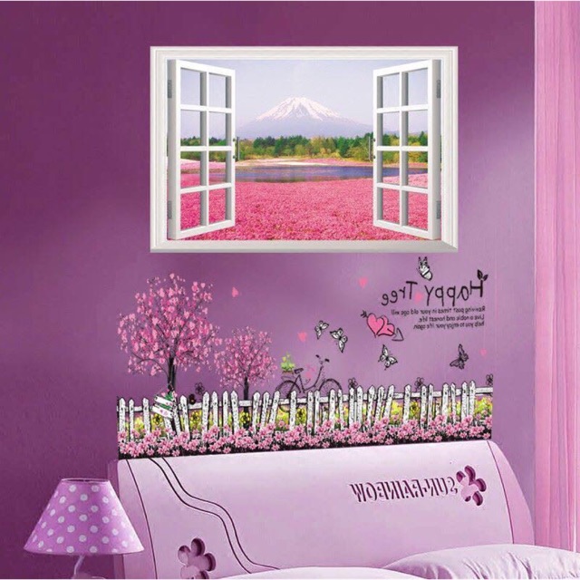 BỘ COMBO DECAL GHÉP ĐÔI dán tường - Cửa sổ Núi Hồng và chân tường Happy Tree ( 2 TẤM )