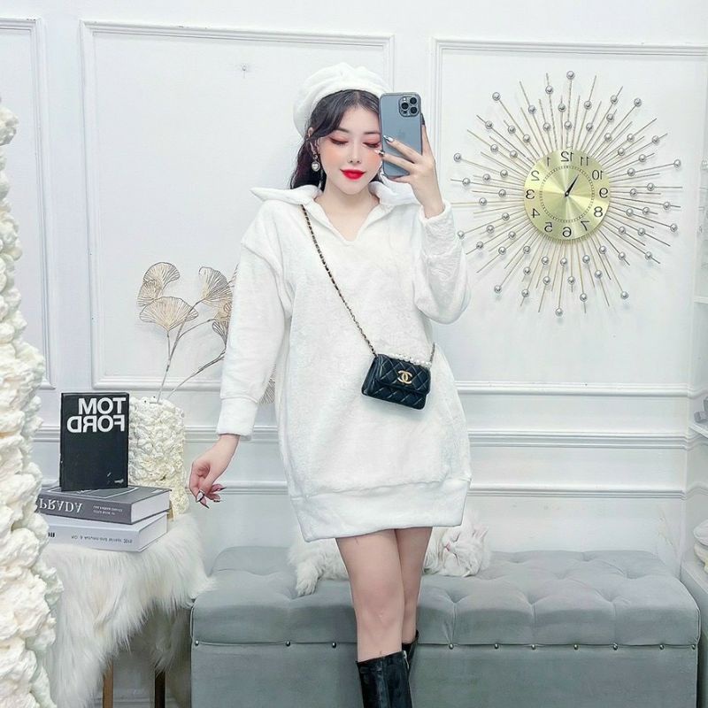 Đầm suông lông cao cấp, set váy lông mềm mịn kèm mũ Mã V01 hàng New Duzu Store