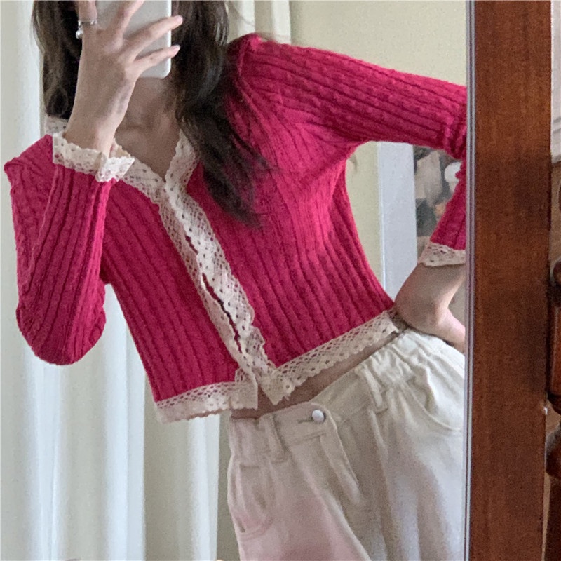 Áo khoác cardigan ZHELIHANGFEI dệt kim cổ chữ V phối ren hoa thiết kế thanh lịch