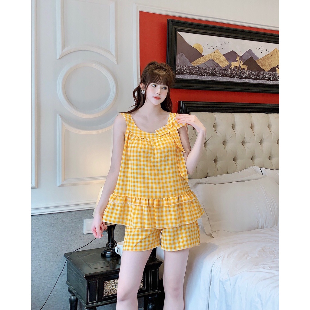 [3 size 46-70kg] Đồ bộ LỤA ĐÙI CARO VẢI HÀN MỀM MÁT DỄ THƯƠNG thời trang