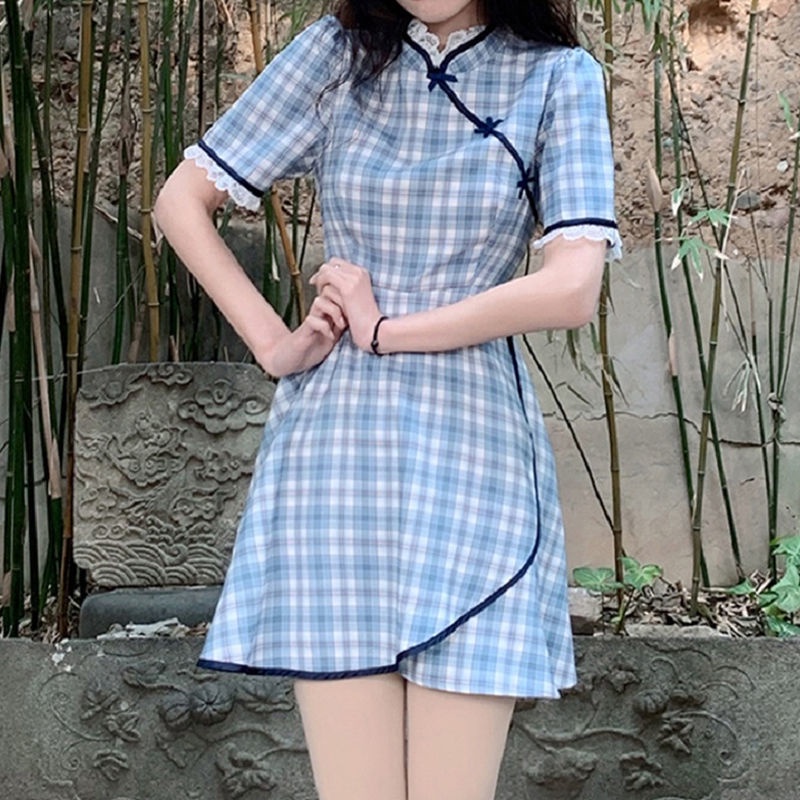 Đầm Sườn Xám Trung Hoa Họa Tiết Kẻ Sọc Thời Trang Mùa Hè 2022